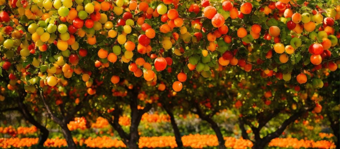 Land scape dotted with colorful fruit trees