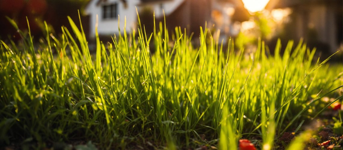 a photo of a green grass cut short front yard gard